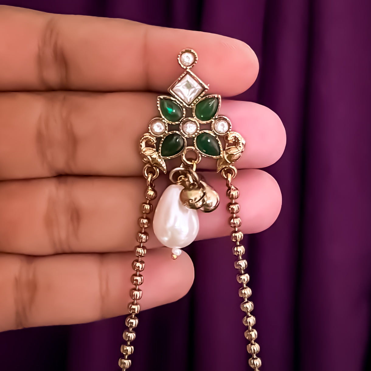 Meghana Premium AD Kashmiri Brass Ghungroo Jhumka Earrings - Green