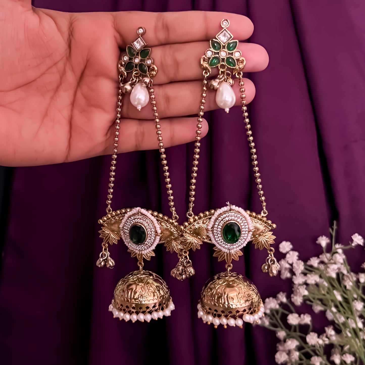 Meghana Premium AD Kashmiri Brass Ghungroo Jhumka Earrings - Green