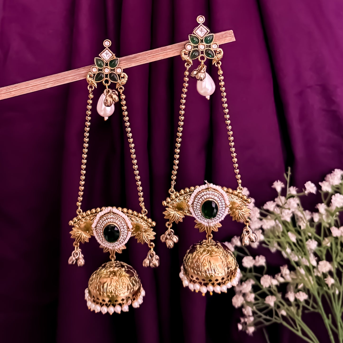 Meghana Premium AD Kashmiri Brass Ghungroo Jhumka Earrings - Green