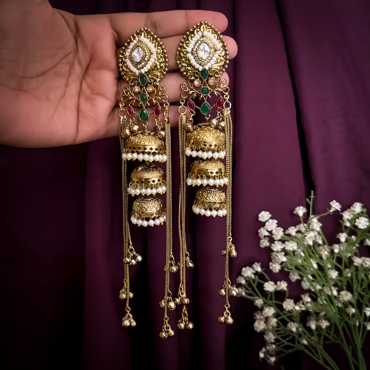 Madhurima Moissanite & AD Kashmiri Brass Dejhoor Ghungroo Jhumka Earrings