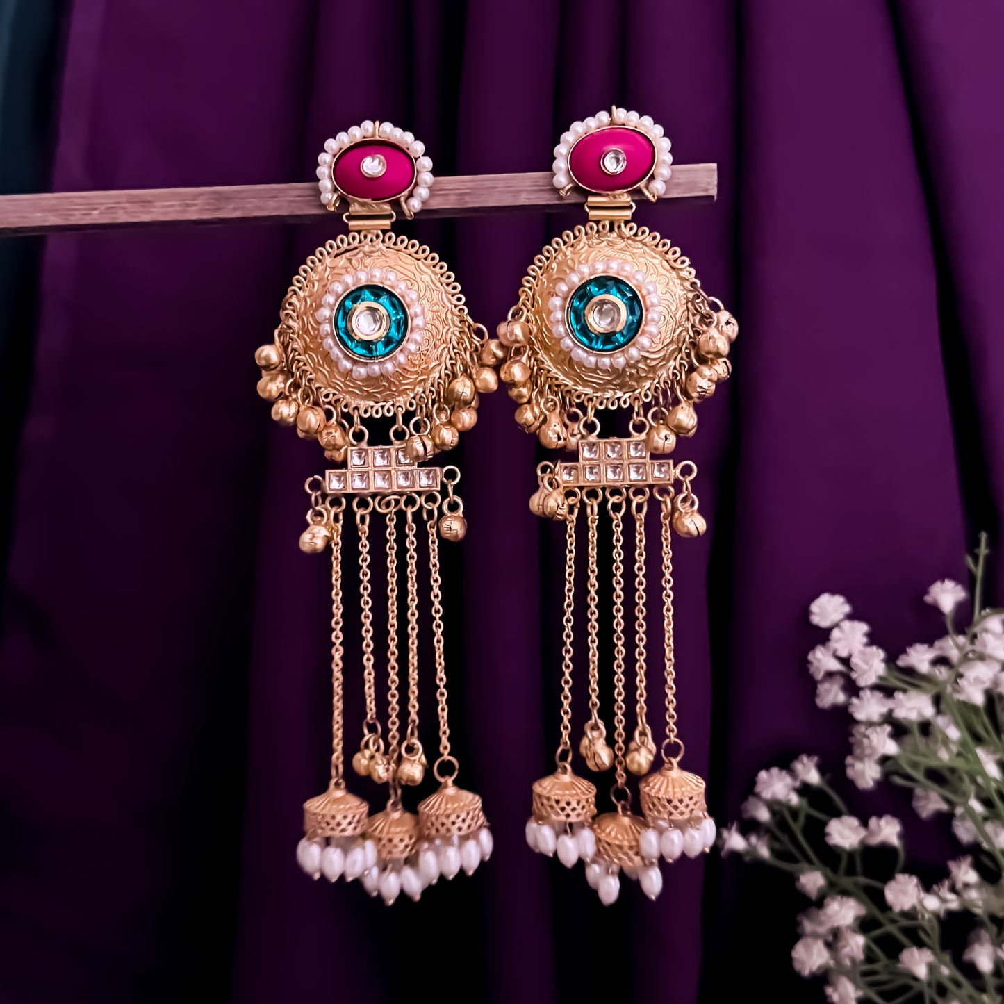 Ambika Premium Golden Kashmiri Brass Hanging Jhumka Earrings