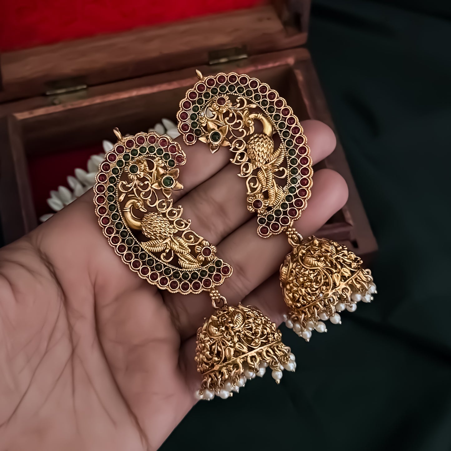 Dhanashree Premium Peacock Temple Gold Earcuff Earrings