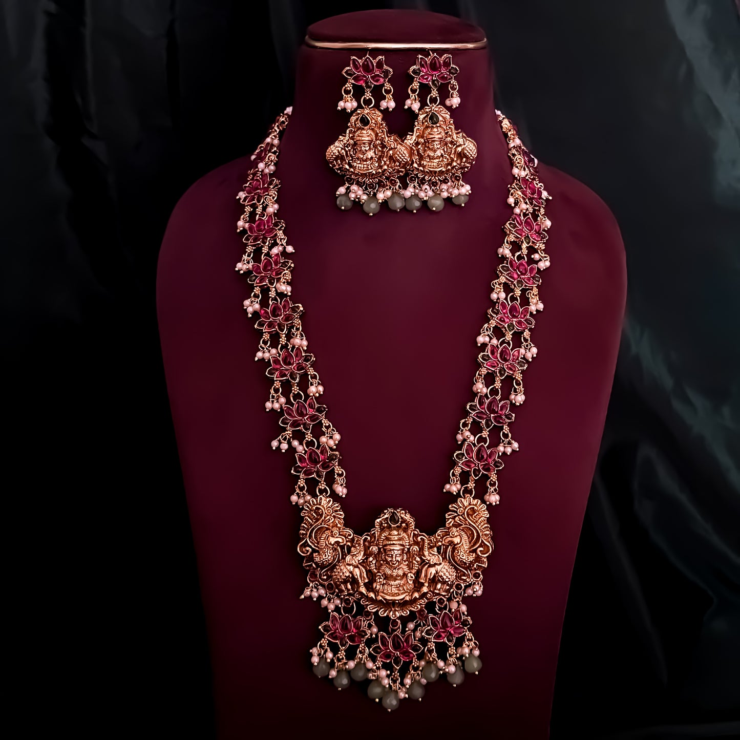 Nistha Lotus Lakshmi Long Necklace Set - Pink & Green