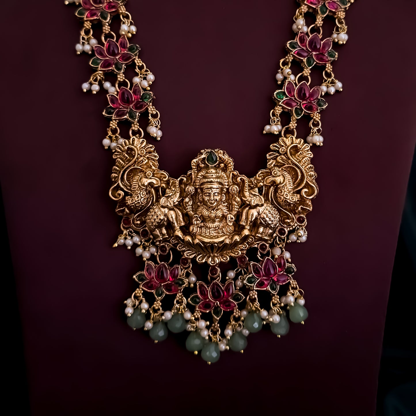 Nistha Lotus Lakshmi Long Necklace Set - Pink & Green