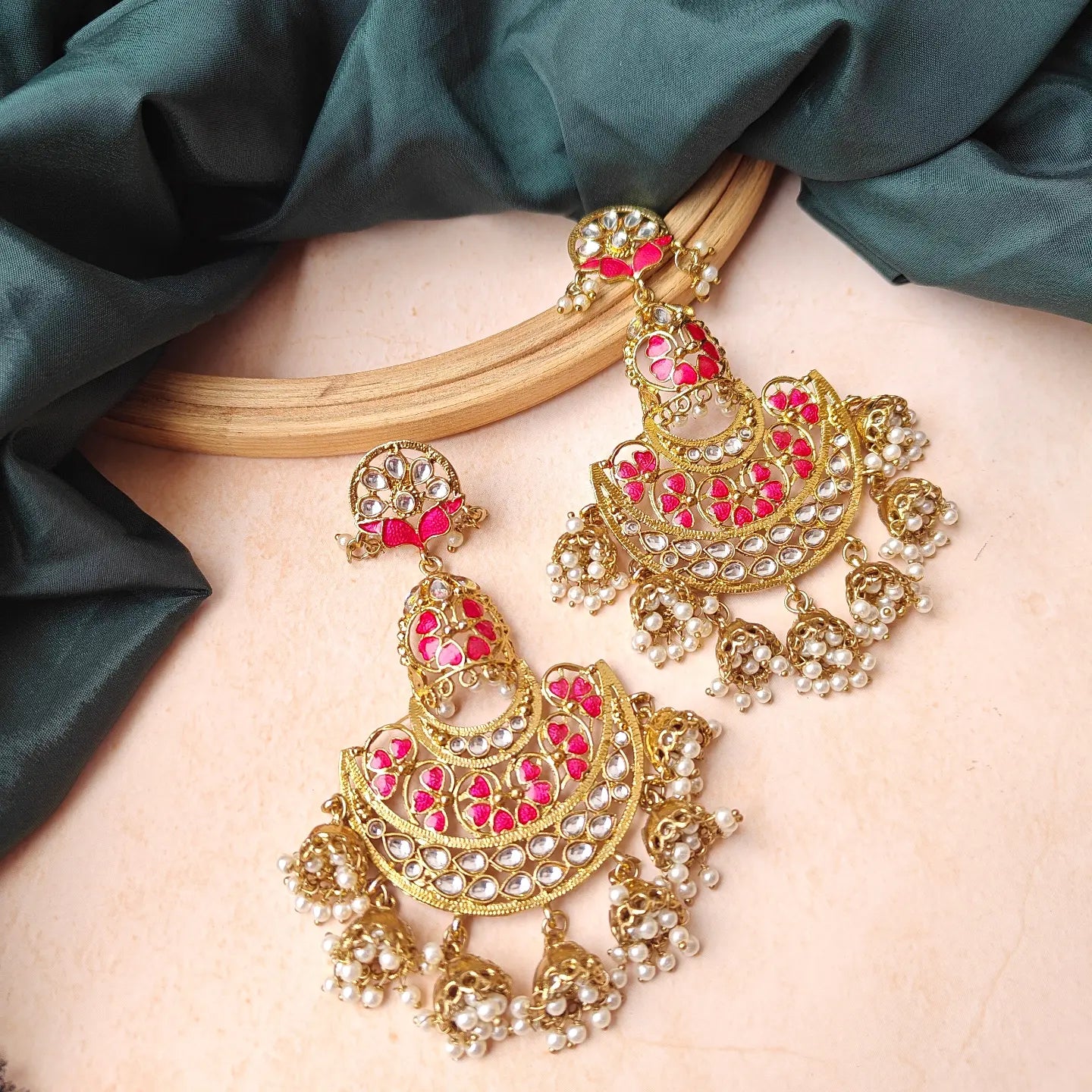 Vritika Chandbali Jhumka Earrings - Pink