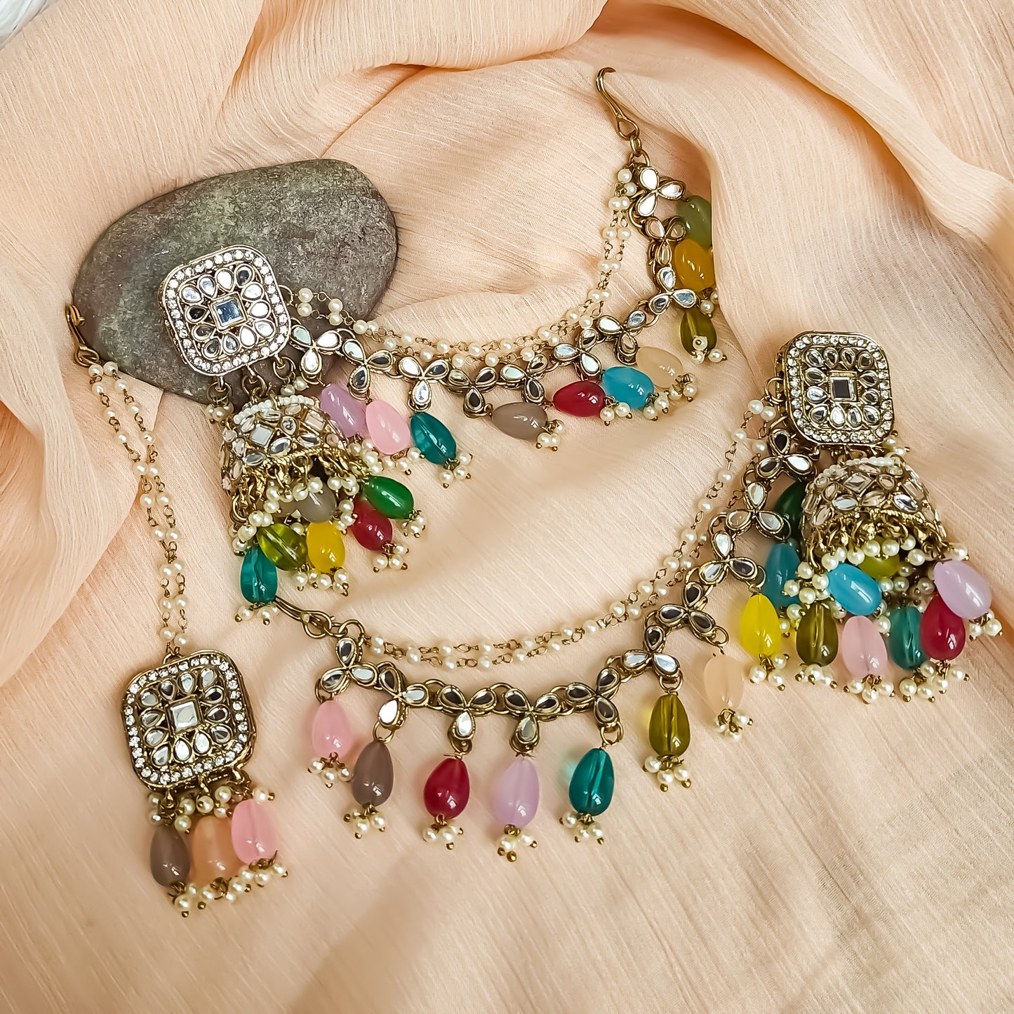 Mohika Mirror Jhumka Earrings with Sahara & Tika Set - Multi