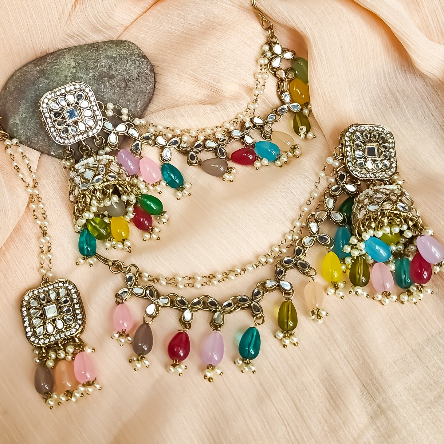 Mohika Mirror Jhumka Earrings with Sahara & Tika Set - Multi