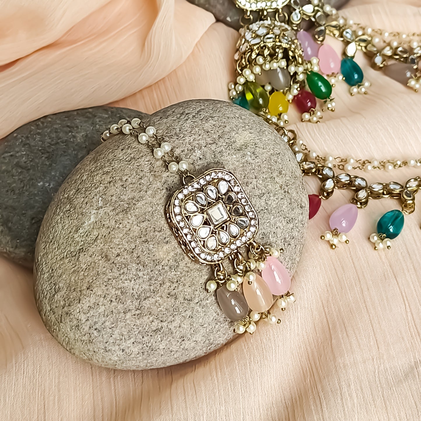 Mohika Mirror Jhumka Earrings with Sahara & Tika Set - Multi