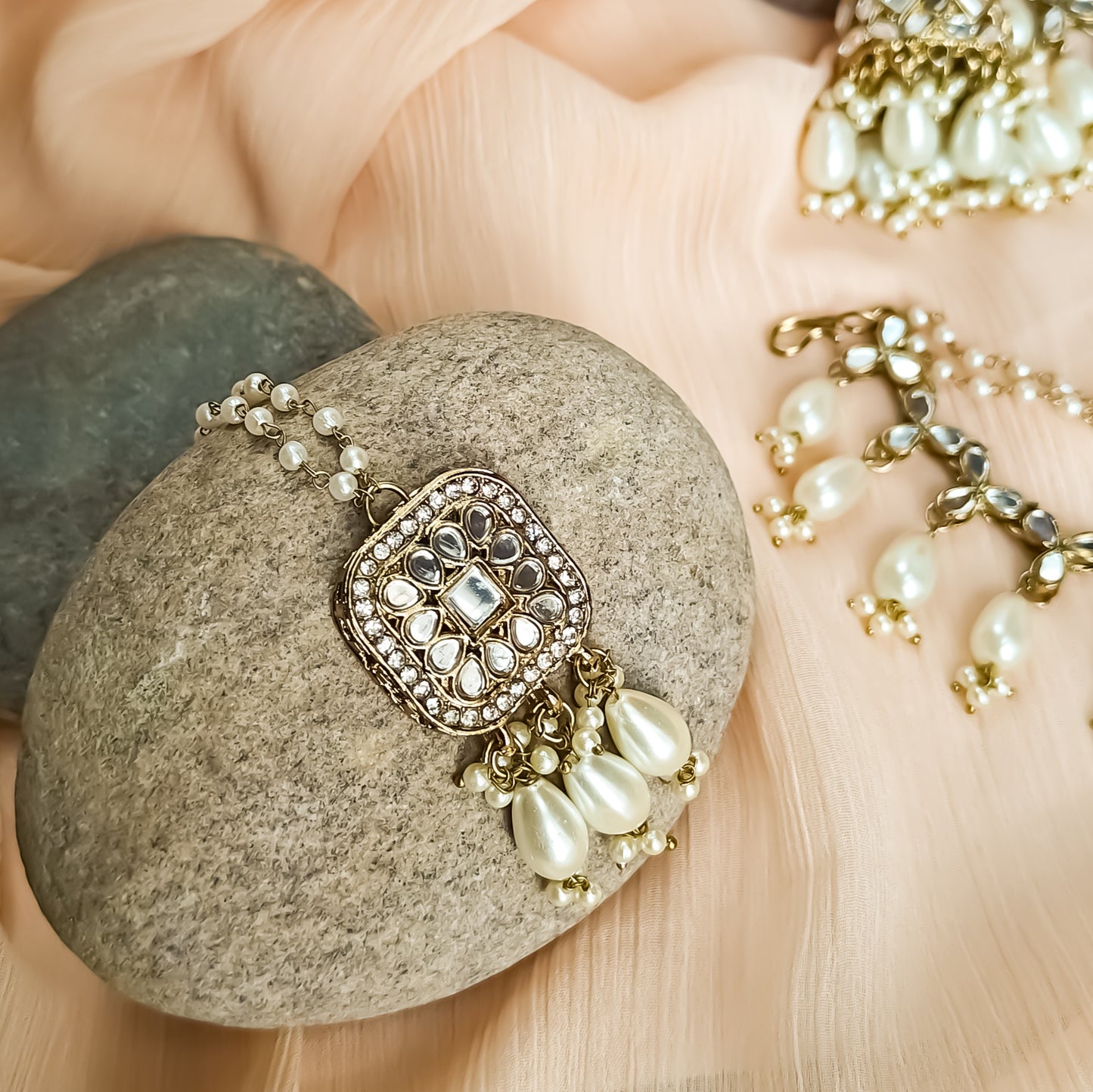 Mohika Mirror Jhumka Earrings with Sahara & Tika Set - Golden