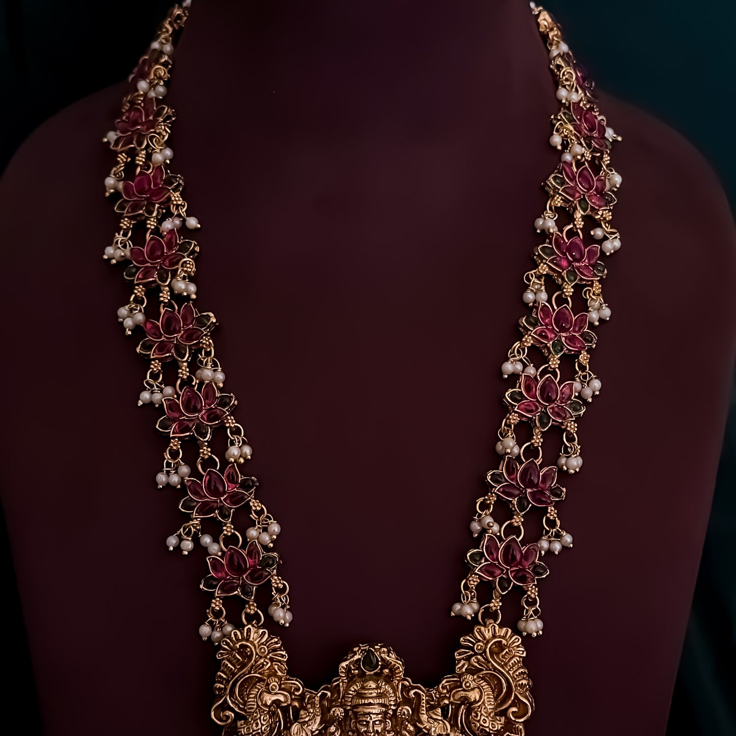 Nistha Lotus Lakshmi Long Necklace Set - Pink & Green