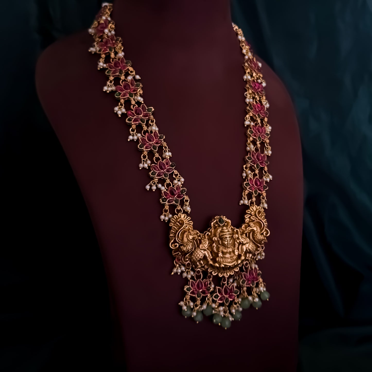 Nistha Lotus Lakshmi Long Necklace Set - Pink & Green