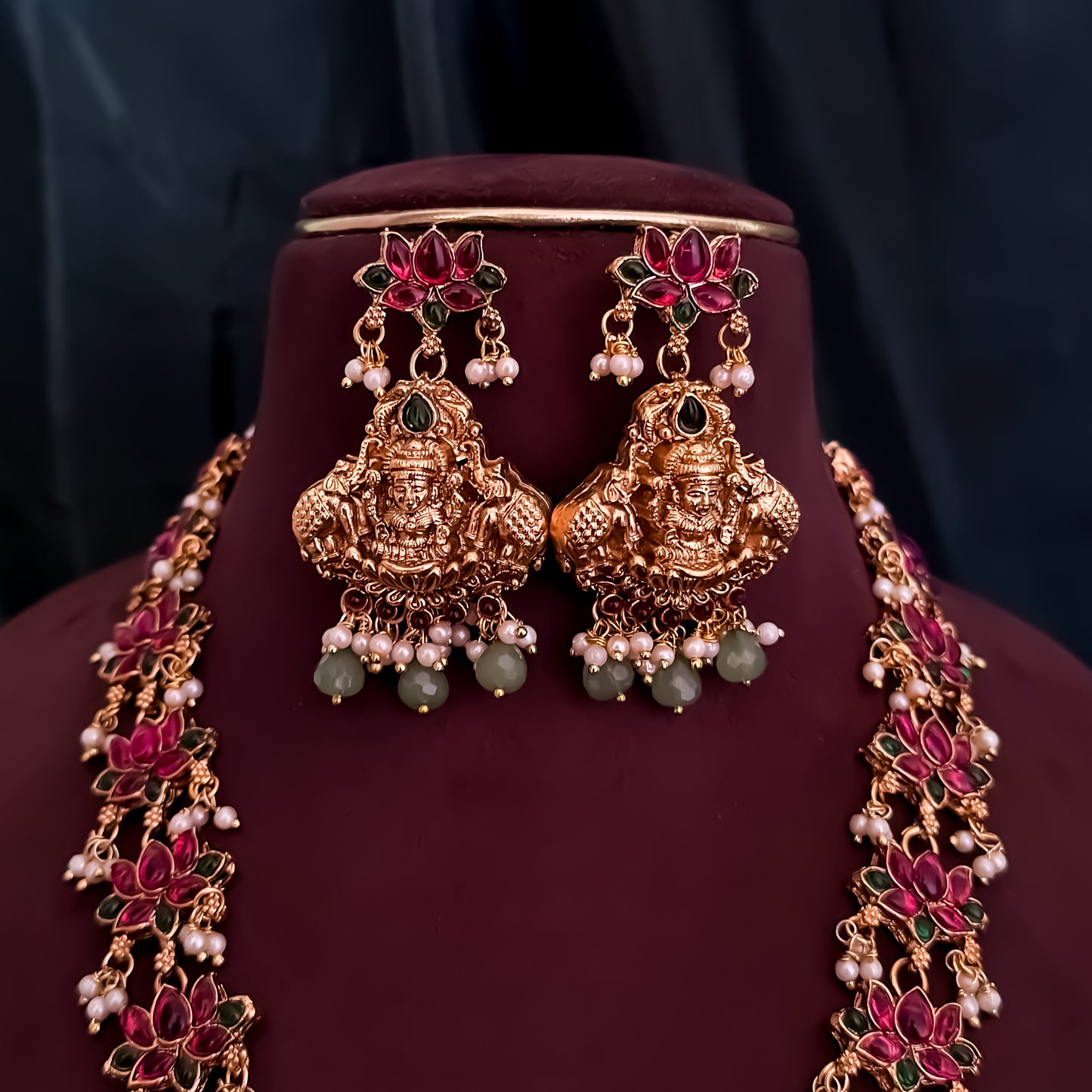 Nistha Lotus Lakshmi Long Necklace Set - Pink & Green