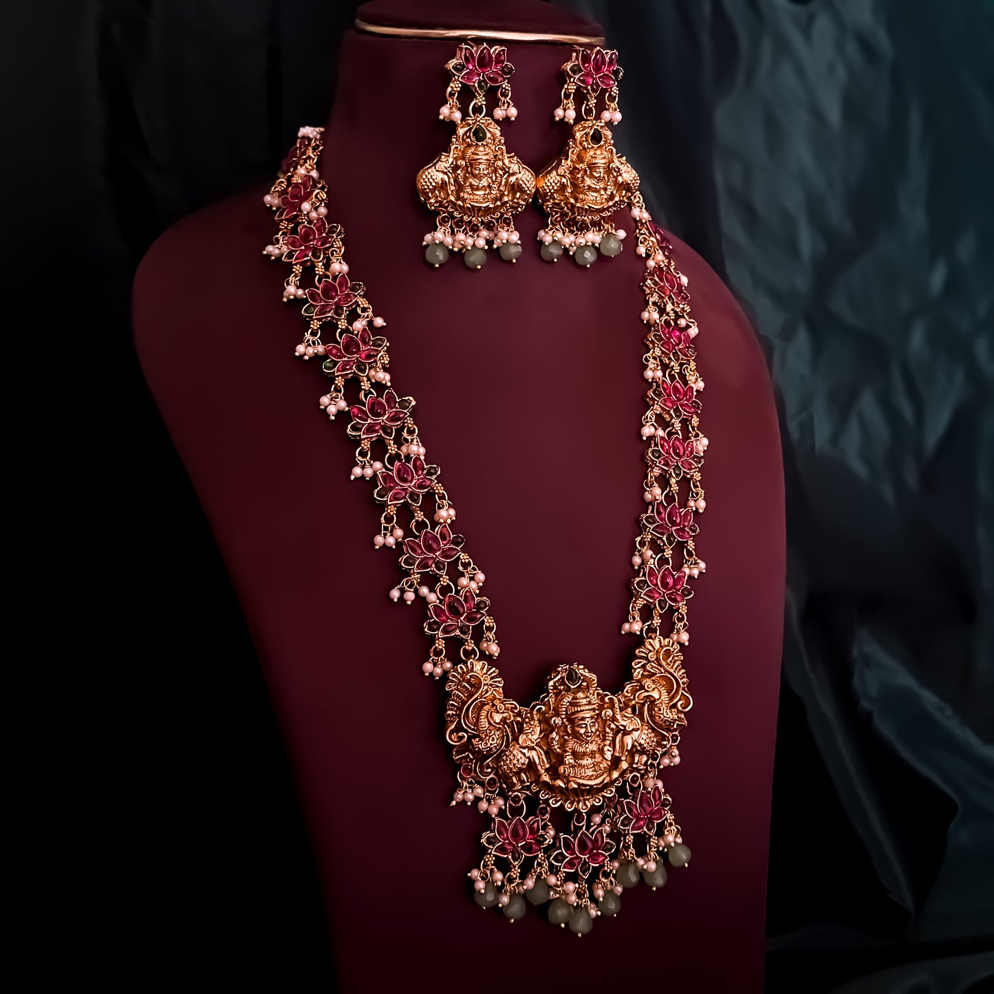 Nistha Lotus Lakshmi Long Necklace Set - Pink & Green