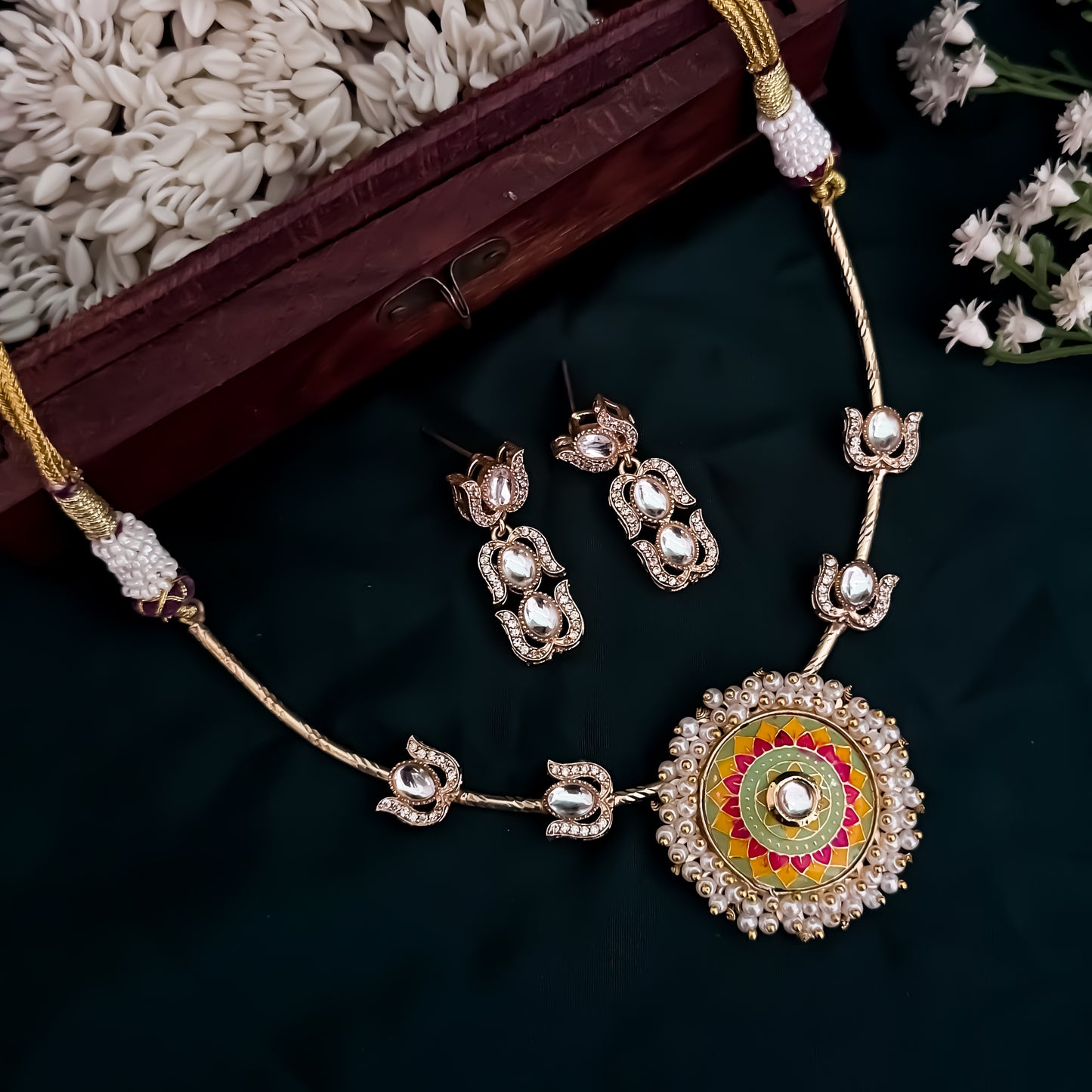 Pranavi Premium AD Brass Meenakari Hasli Necklace Set