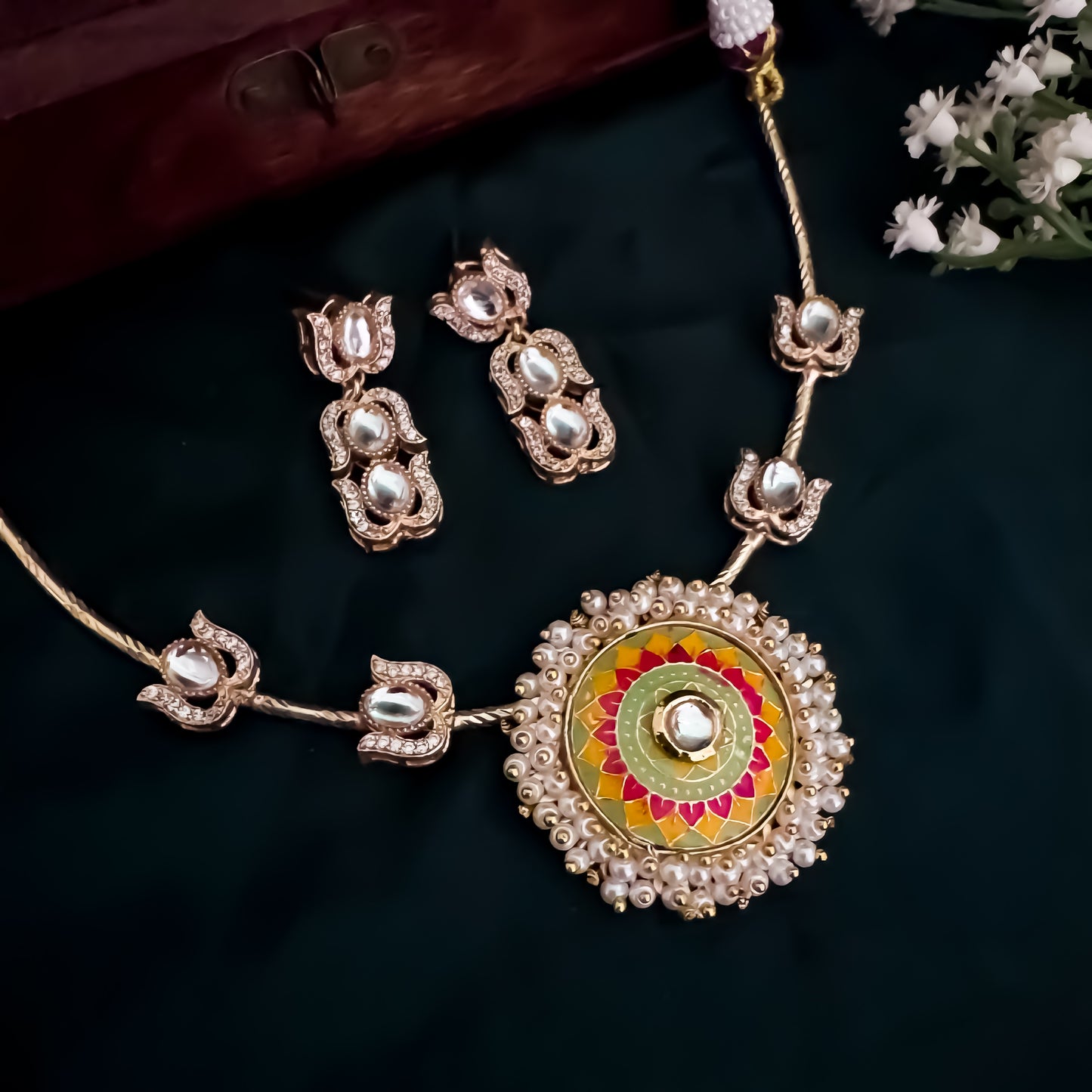 Pranavi Premium AD Brass Meenakari Hasli Necklace Set