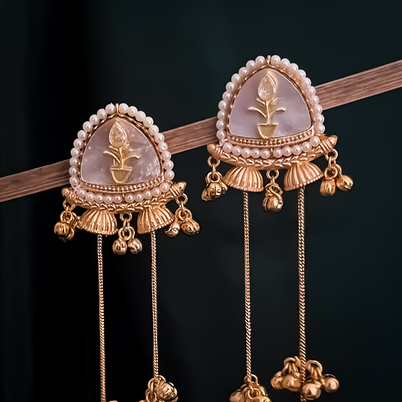 Vishakha MOP Kashmiri Brass Dejhoor Ghungroo Jhumka Earrings - Golden