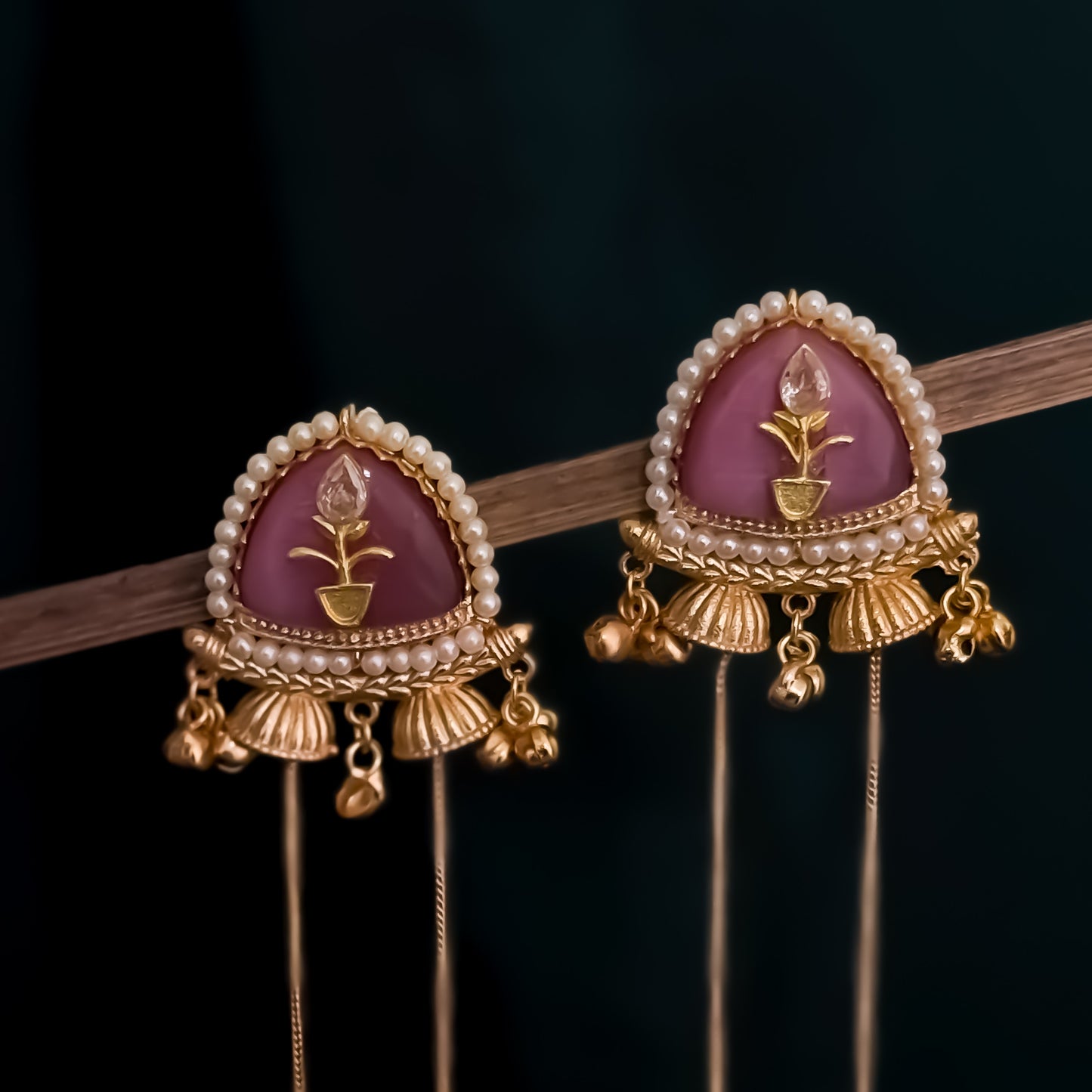 Vishakha MOP Kashmiri Brass Dejhoor Ghungroo Jhumka Earrings - Pastel Pink