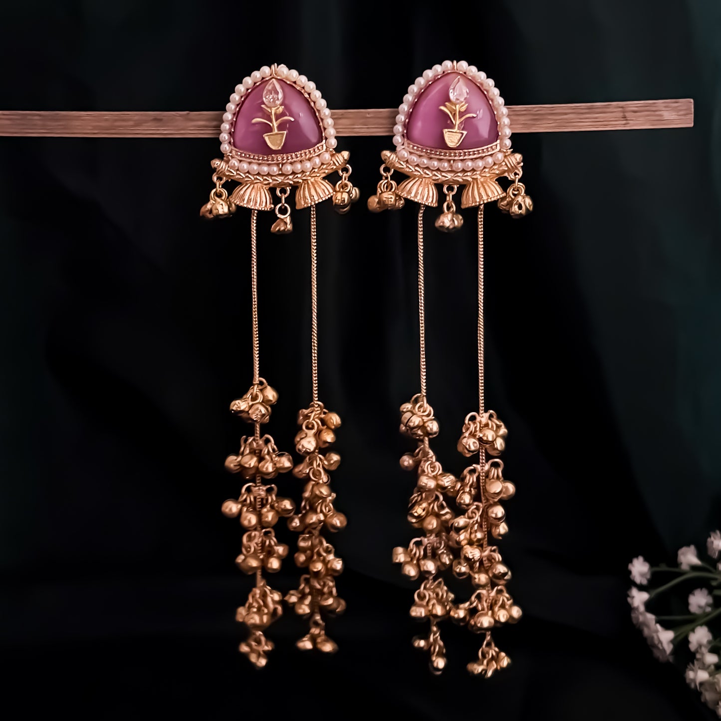 Vishakha MOP Kashmiri Brass Dejhoor Ghungroo Jhumka Earrings - Pastel Pink