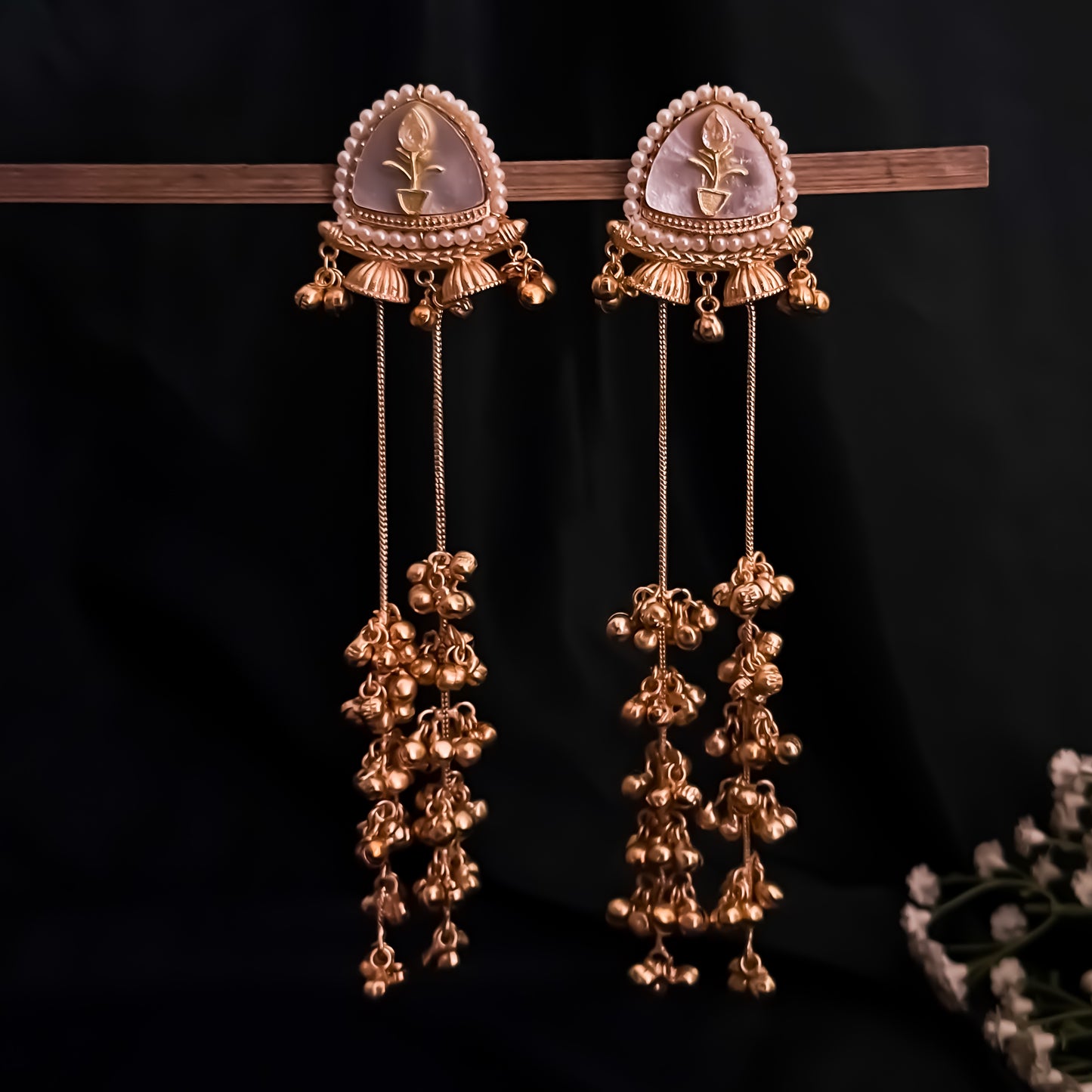 Vishakha MOP Kashmiri Brass Dejhoor Ghungroo Jhumka Earrings - Golden