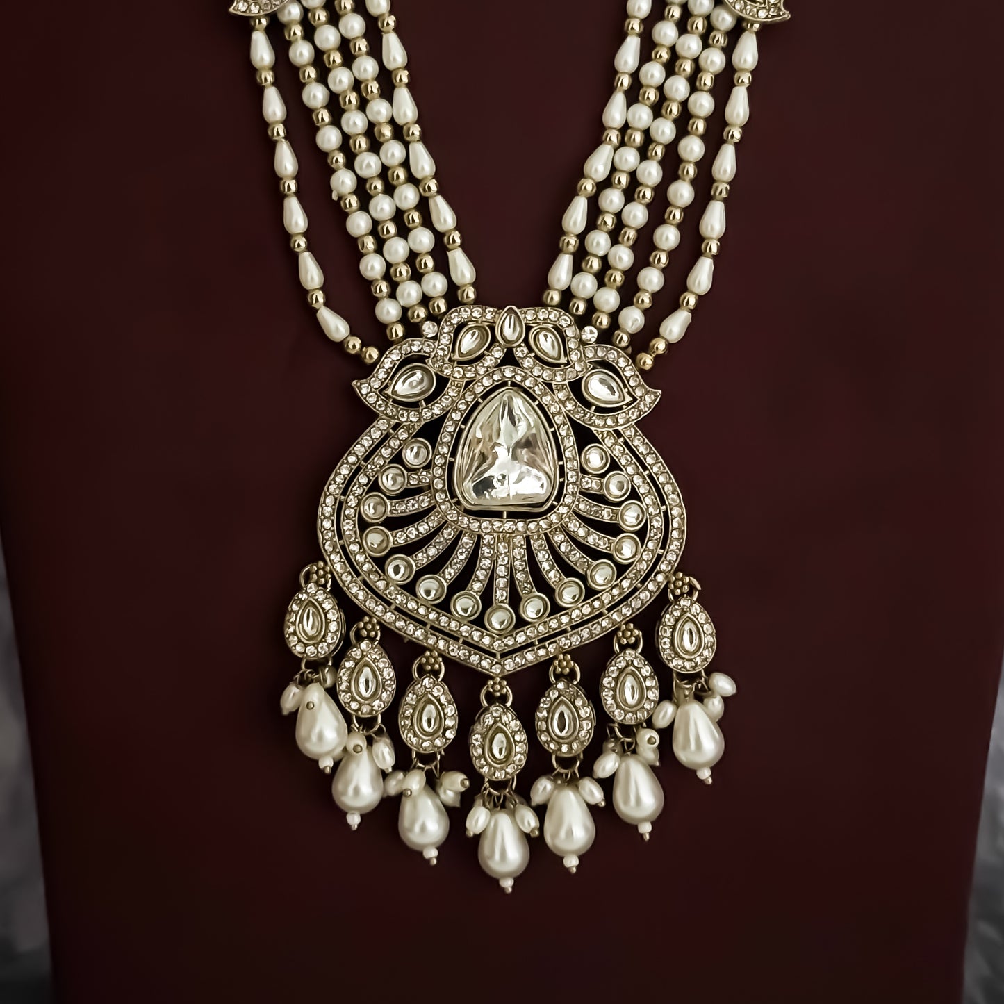Mehrunisa Pearl Kundan Rani Haar Long Necklace Set- Golden