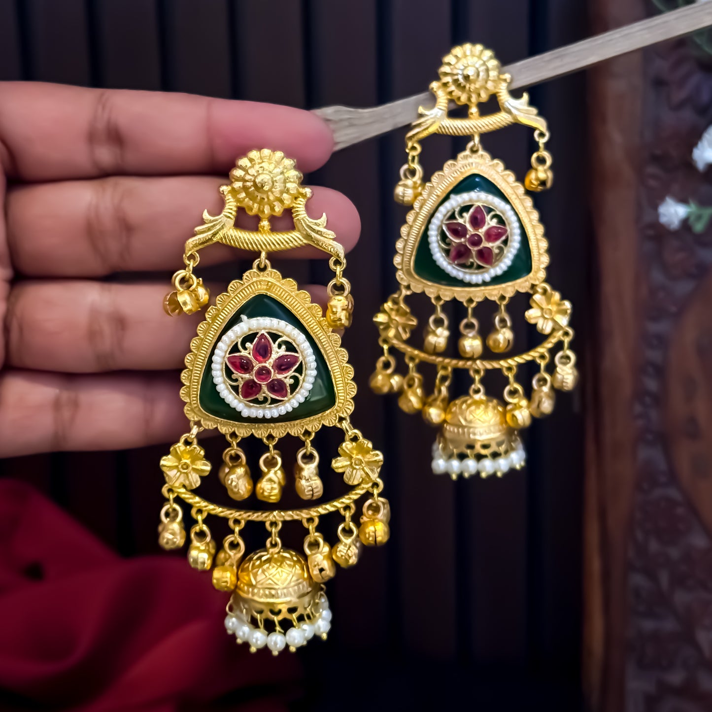 Varunisha Premium Kashmiri Brass Dejhoor Earrings - Green