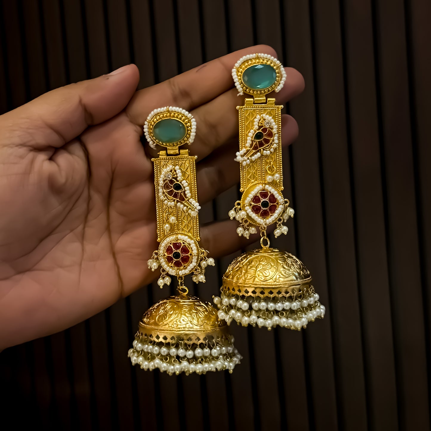 Samaira Kashmiri Brass Jhumka Earrings - Pastel Green