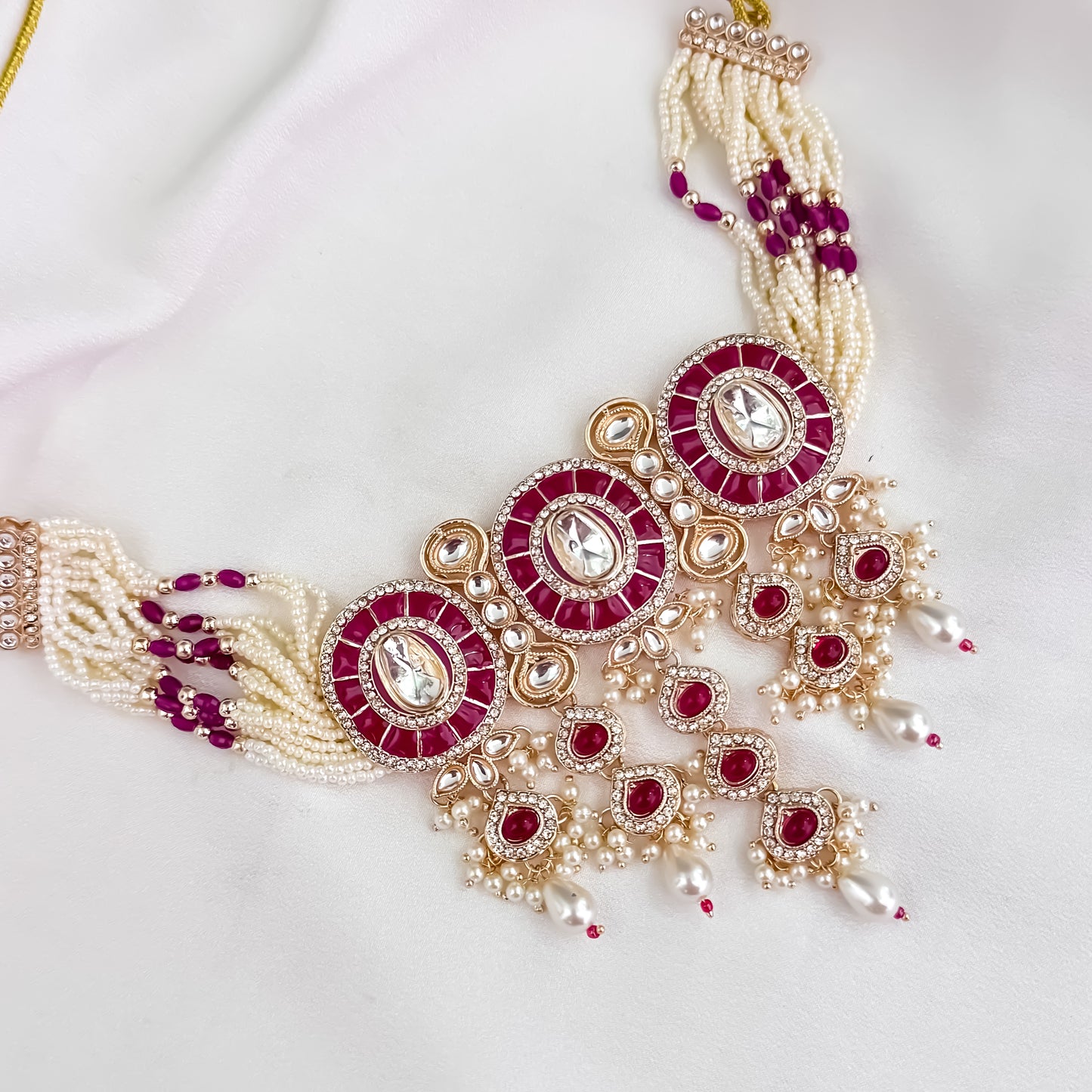 Vartika Kundan Pearl Choker Necklace Set - Pink