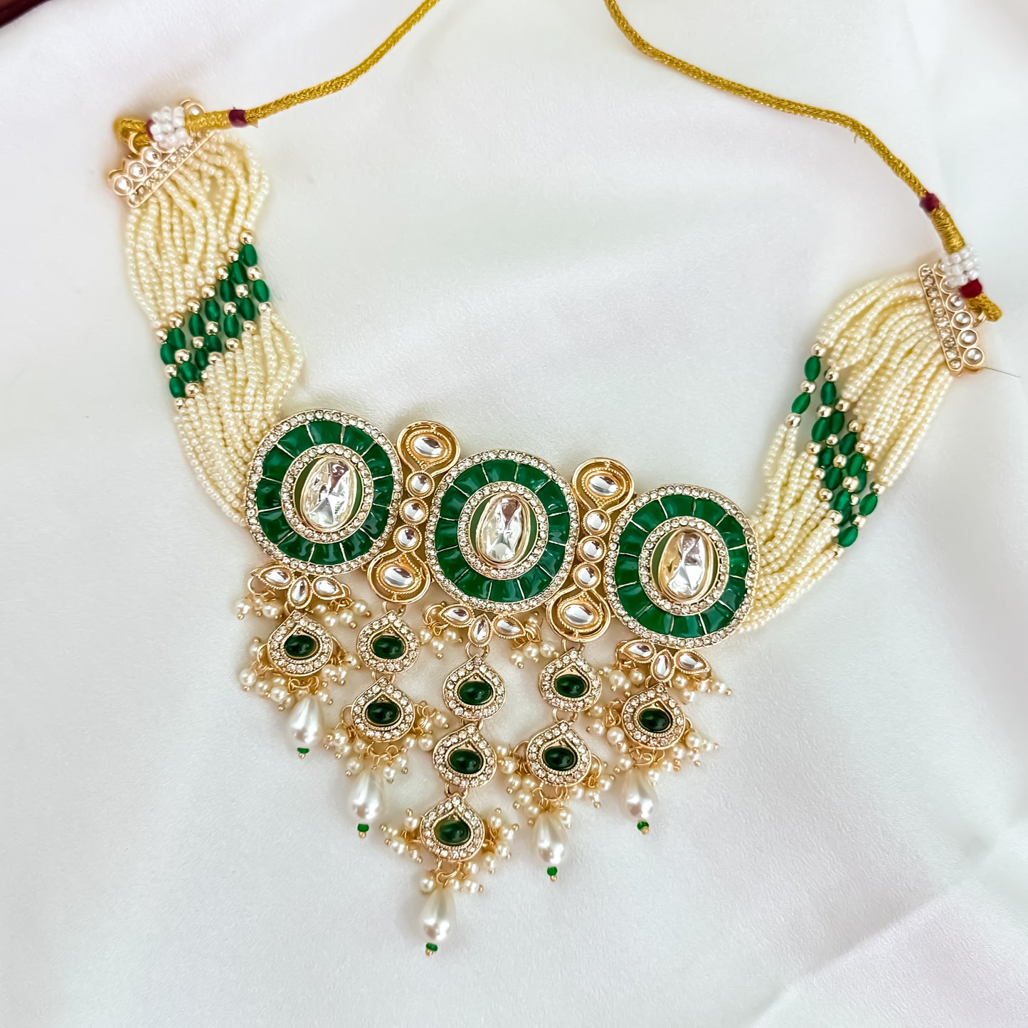 Vartika Kundan Pearl Choker Necklace Set - Green