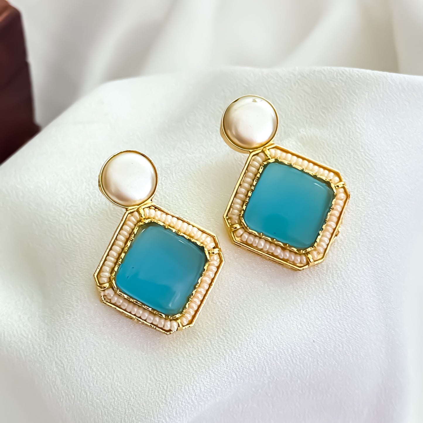 Viren Monalisa Stone Premium Brass Stud Earrings - Sky Blue