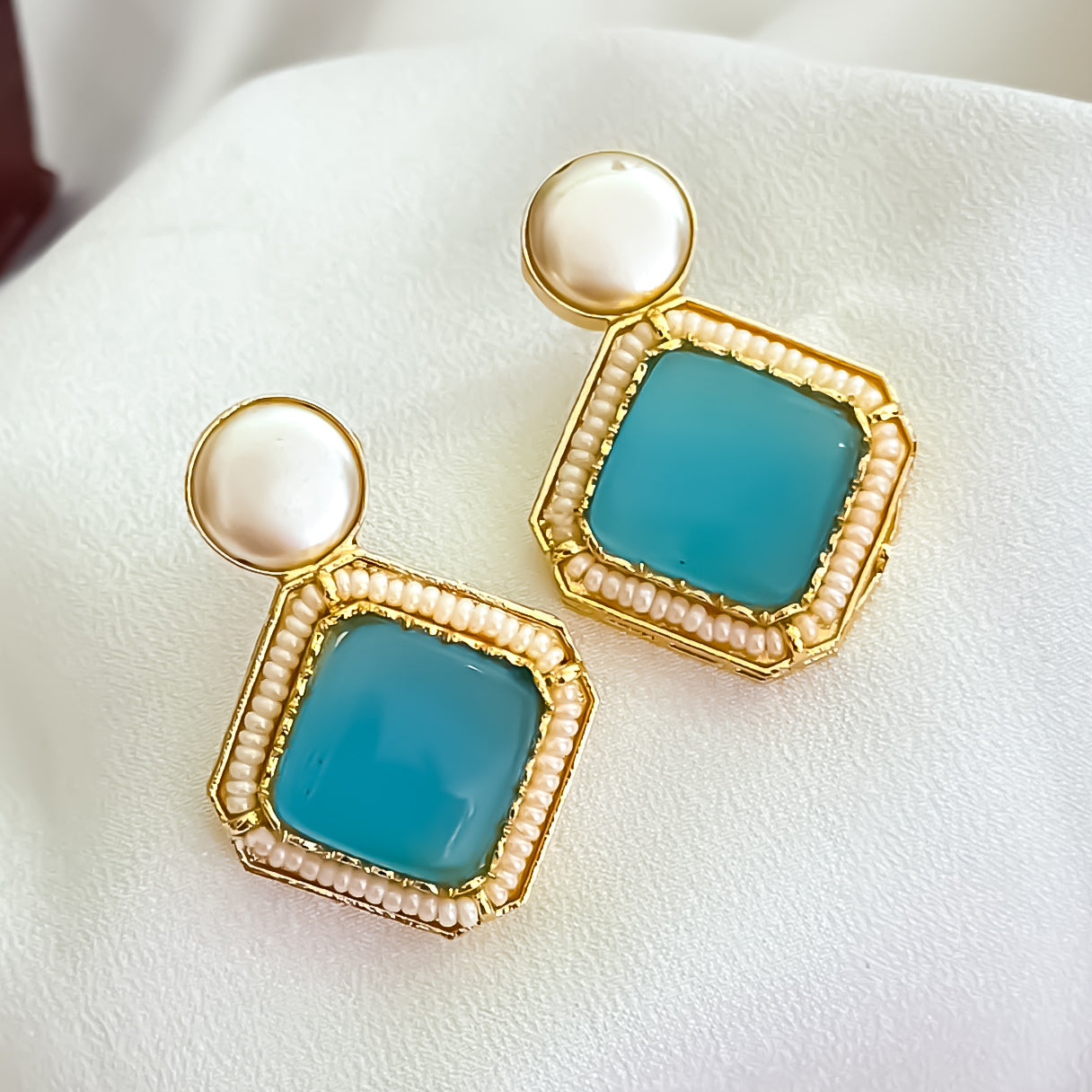 Viren Monalisa Stone Premium Brass Stud Earrings - Sky Blue