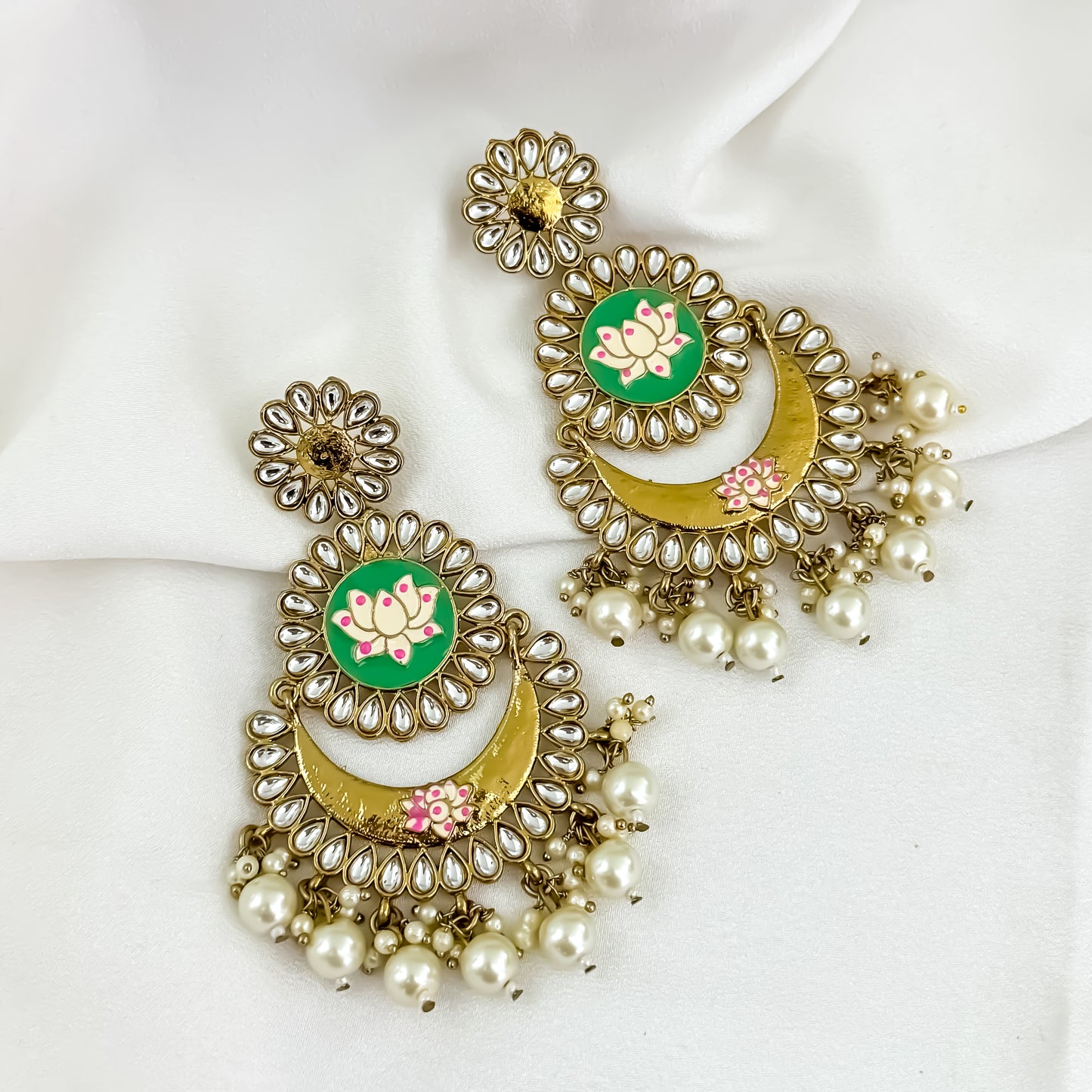 Vritika Meenakari Pearl Chandbali Earrings - Golden & Green