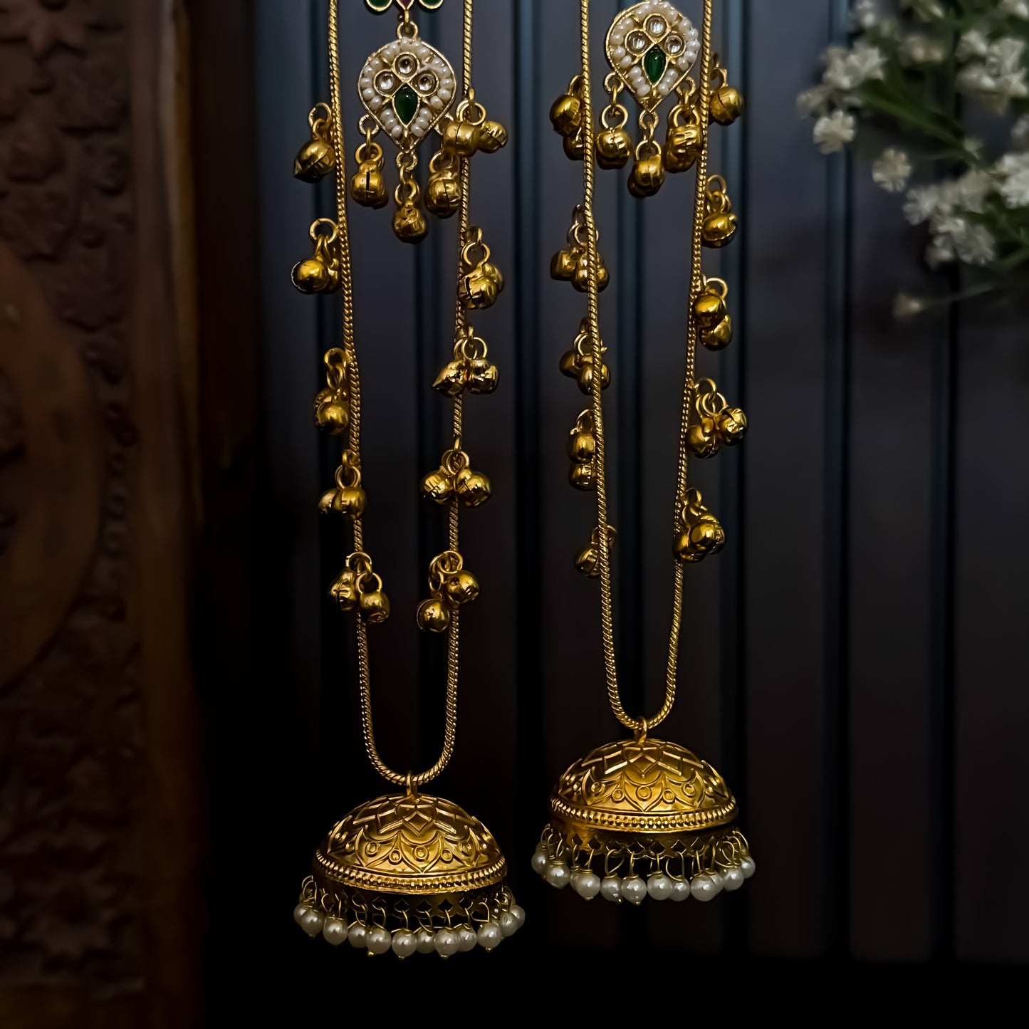 Meghana Premium Kashmiri Brass Ghungroo Jhumka Earrings - Ruby