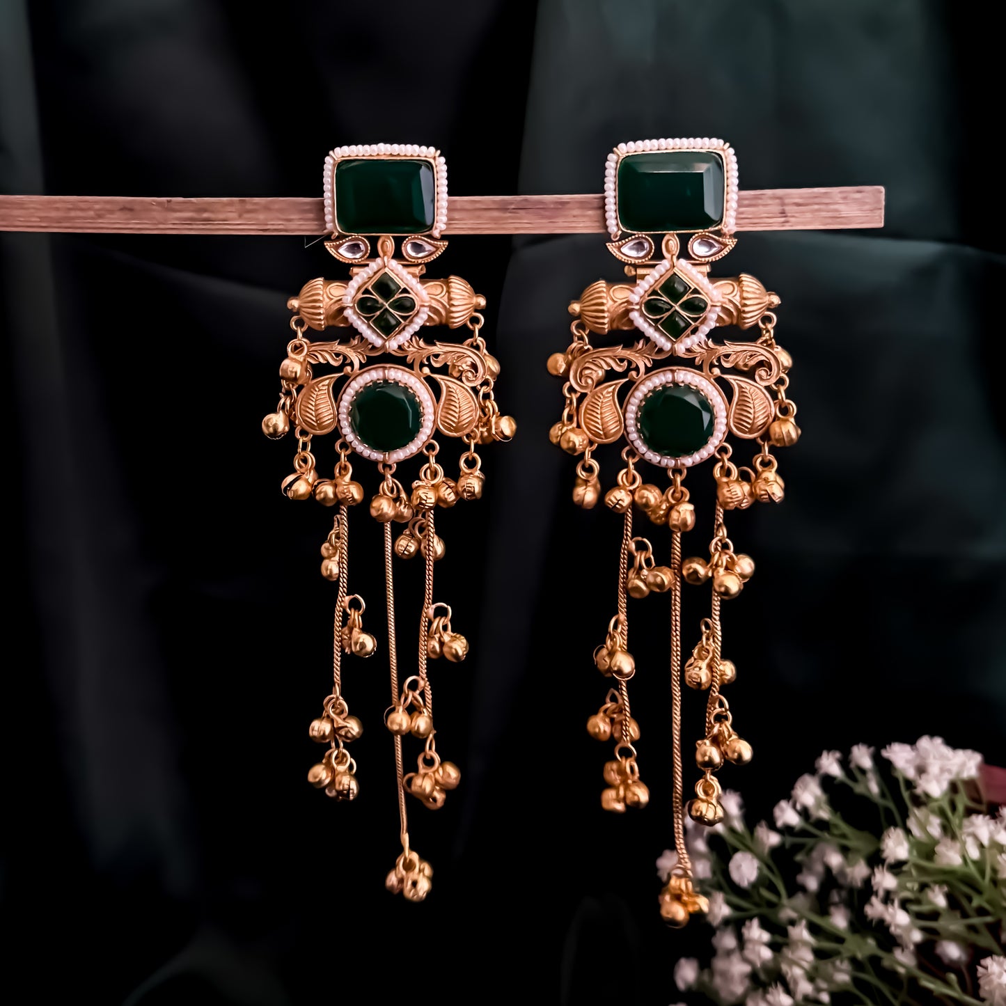 Patralekha Kashmiri Brass Dejhoor Ghungroo Jhumka Earrings - Golden & Green