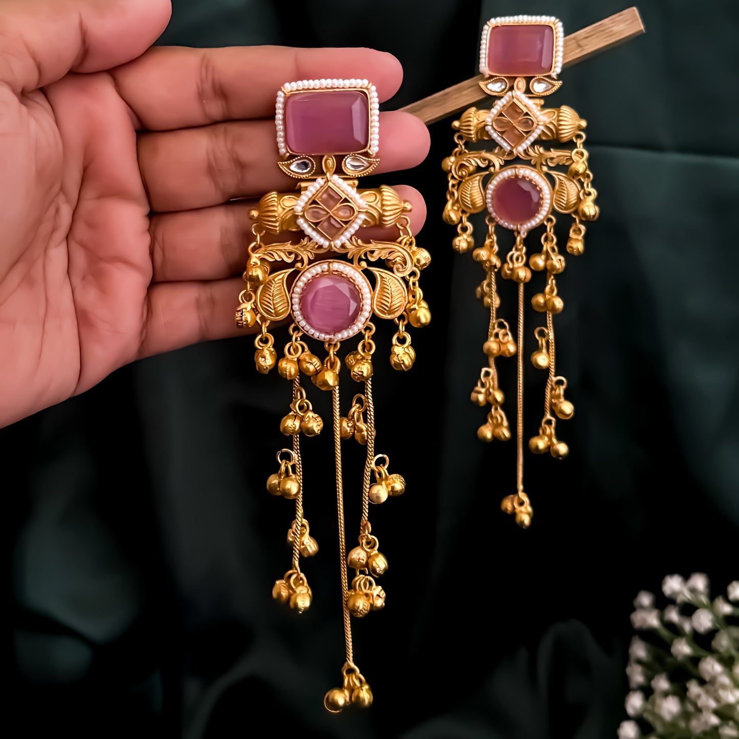 Patralekha Kashmiri Brass Dejhoor Ghungroo Jhumka Earrings - Golden & Pastel Pink