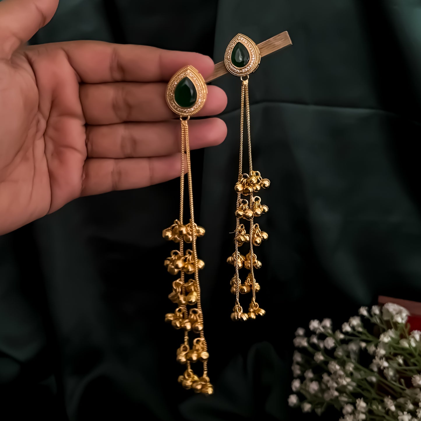 Priyati Kashmiri Brass Dejhoor Ghungroo Jhumka Earrings - Green