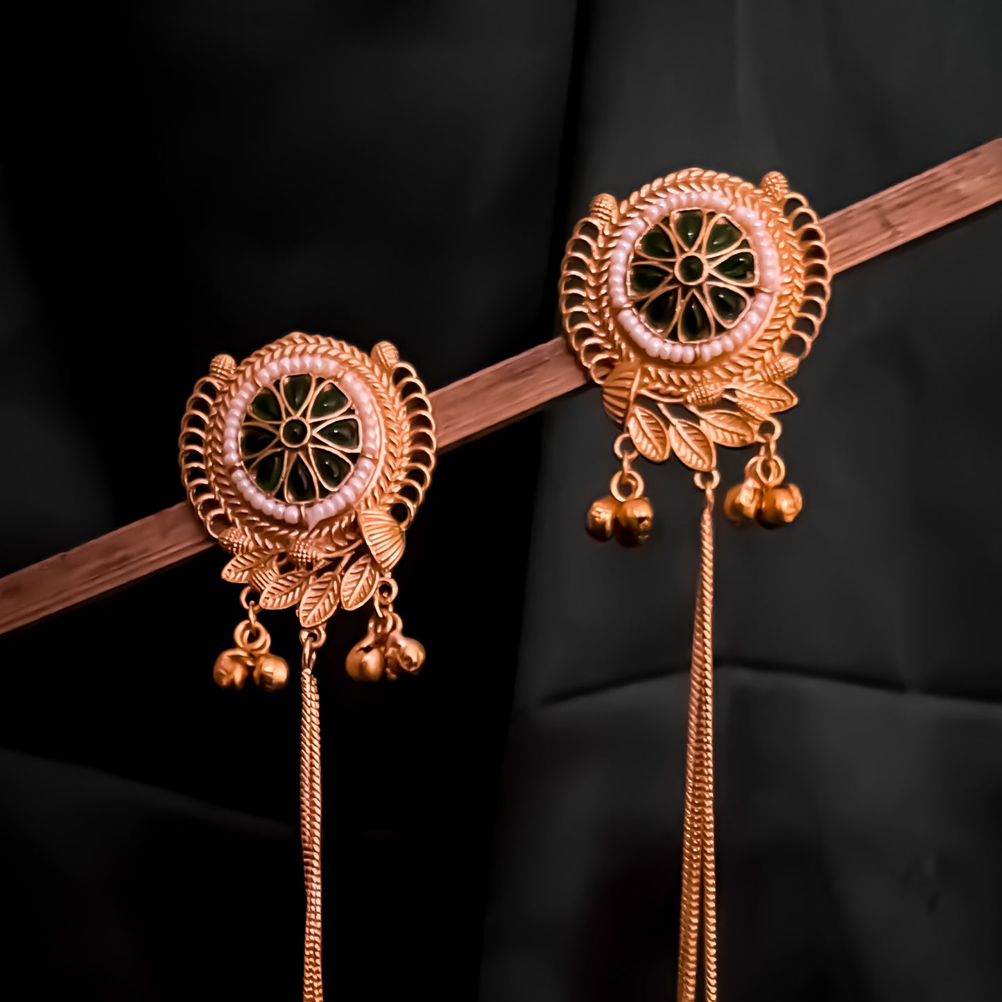 Unnati Premium Kashmiri Brass Dejhoor Ghungroo Earrings - Golden & Green