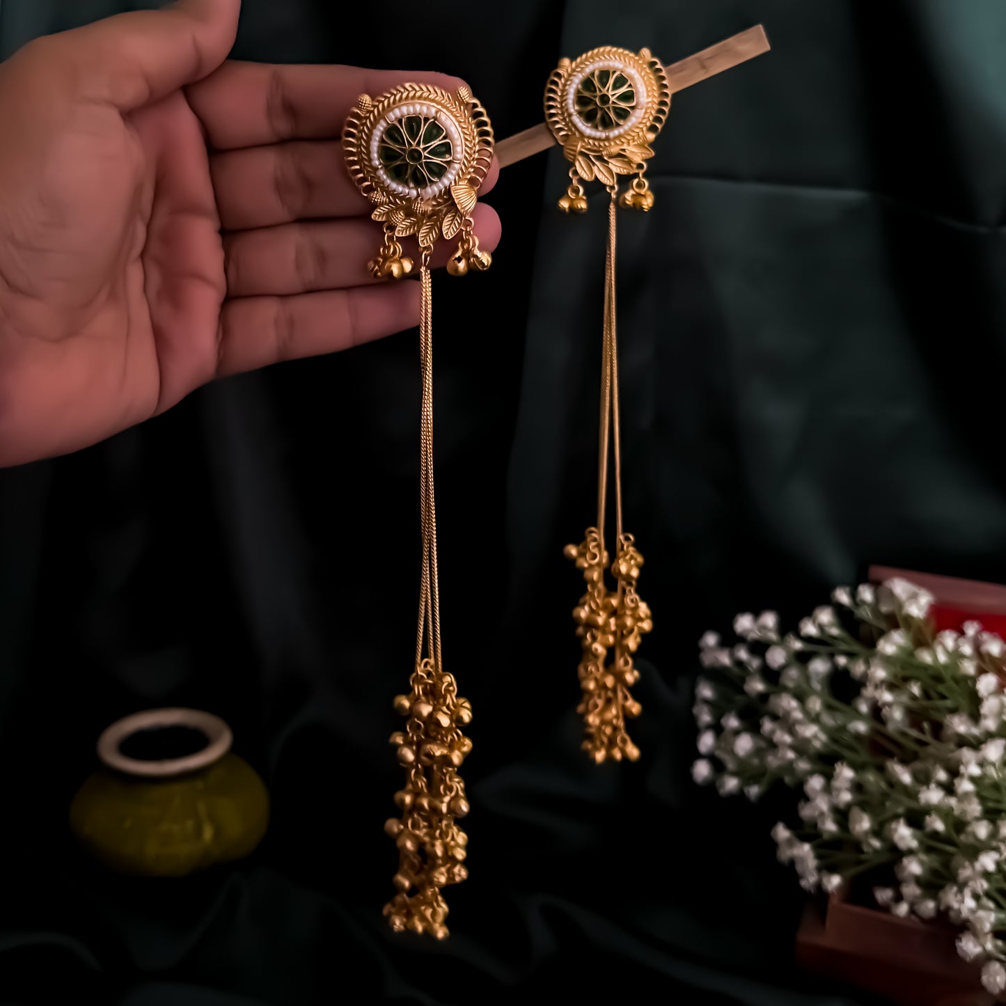 Unnati Premium Kashmiri Brass Dejhoor Ghungroo Earrings - Golden & Green