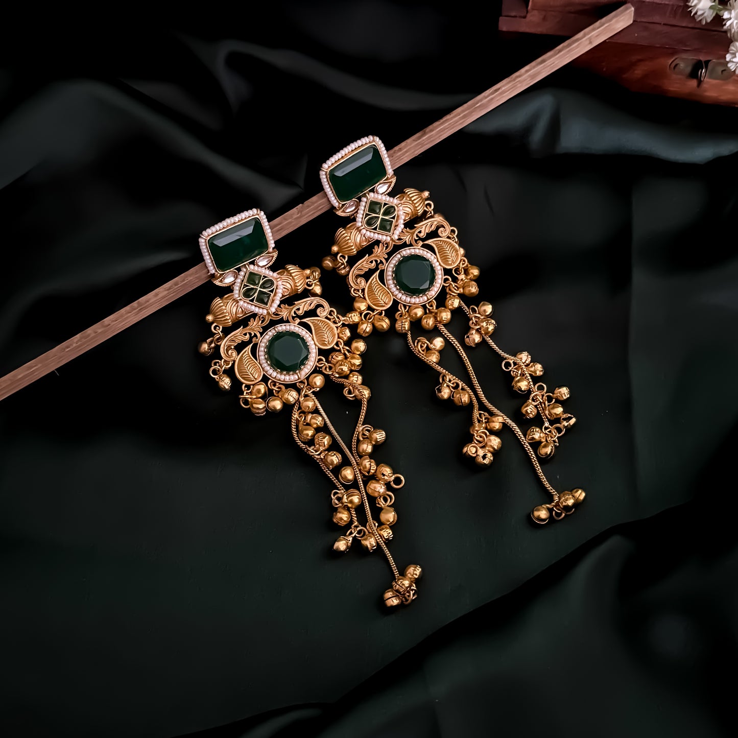 Patralekha Kashmiri Brass Dejhoor Ghungroo Jhumka Earrings - Golden & Green