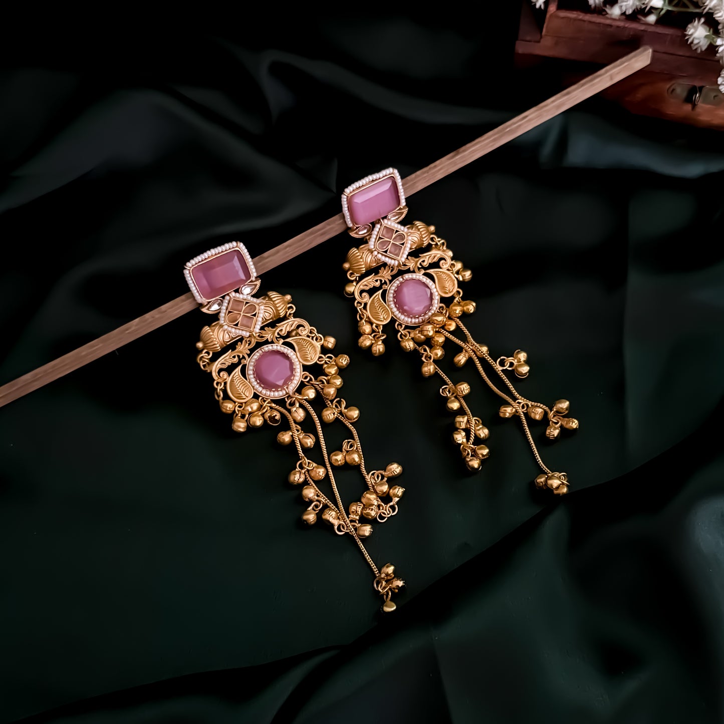 Patralekha Kashmiri Brass Dejhoor Ghungroo Jhumka Earrings - Golden & Pastel Pink