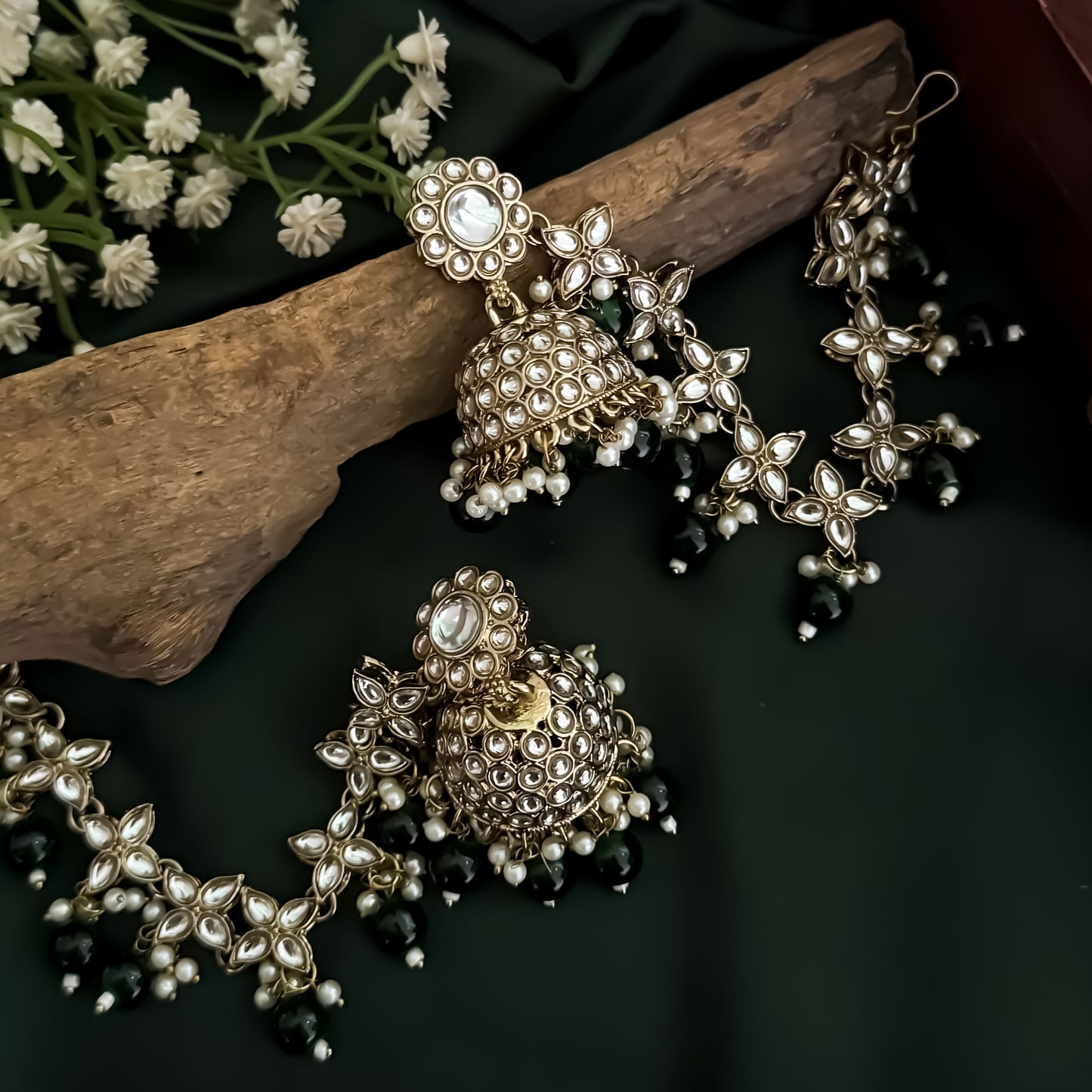 Kashi Kundan Jhumka Earrings with Sahara/Earchains - Green