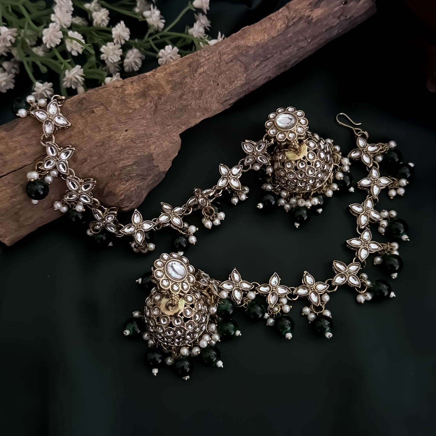 Kashi Kundan Jhumka Earrings with Sahara/Earchains - Green