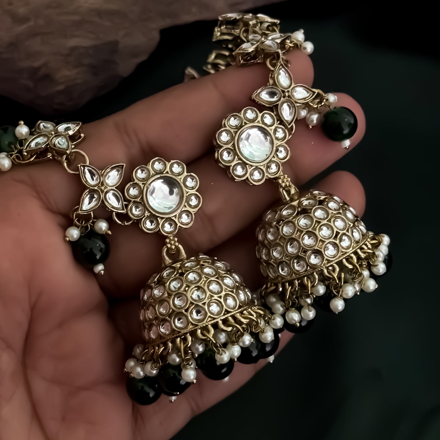 Kashi Kundan Jhumka Earrings with Sahara/Earchains - Green