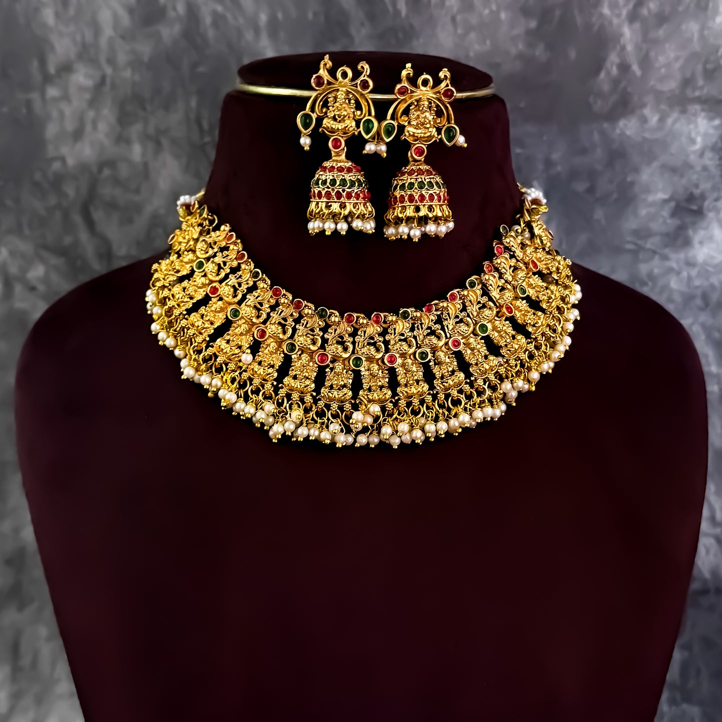 Divina Lakshmi Intricate Work Temple Necklace Set - Golden