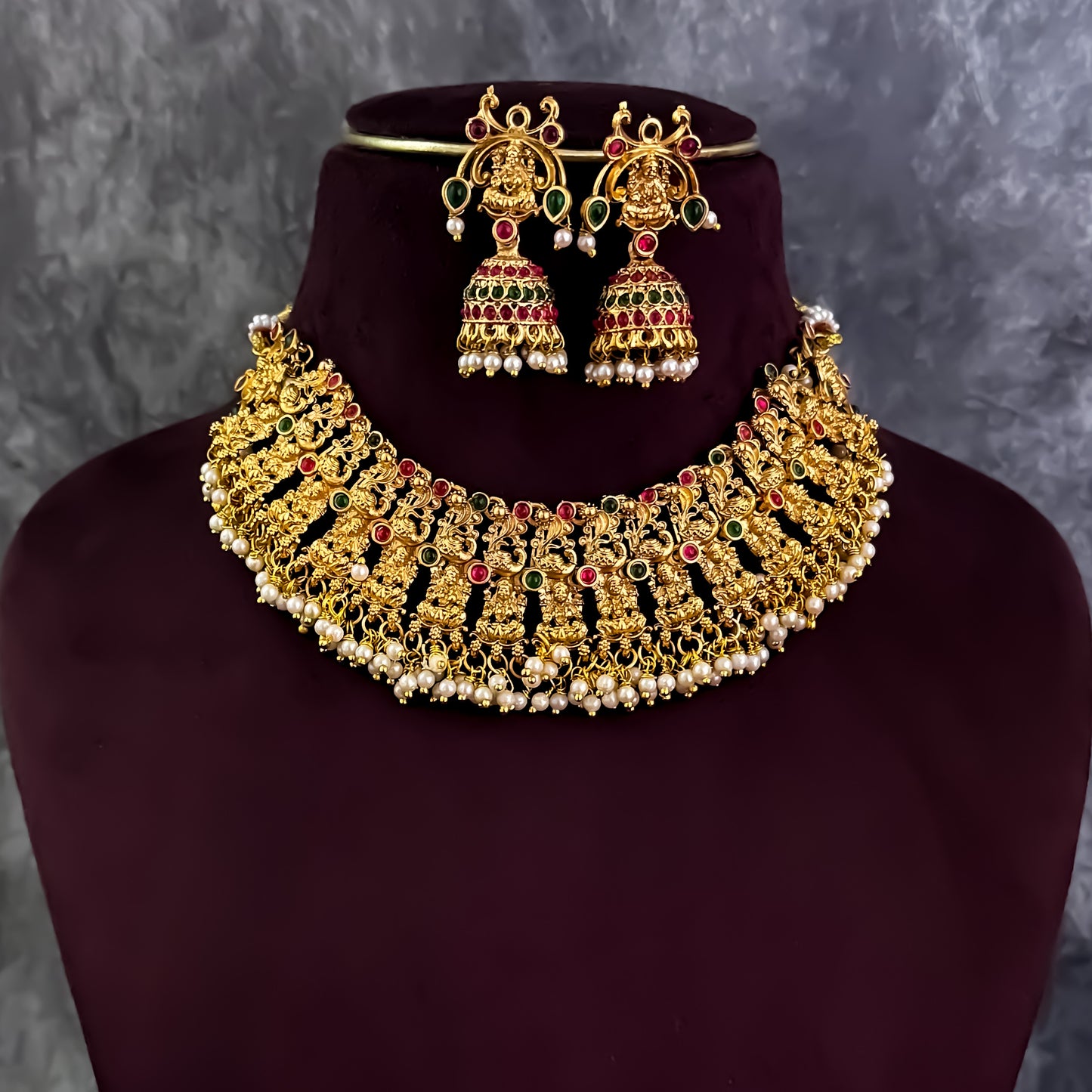 Divina Lakshmi Intricate Work Temple Necklace Set - Golden