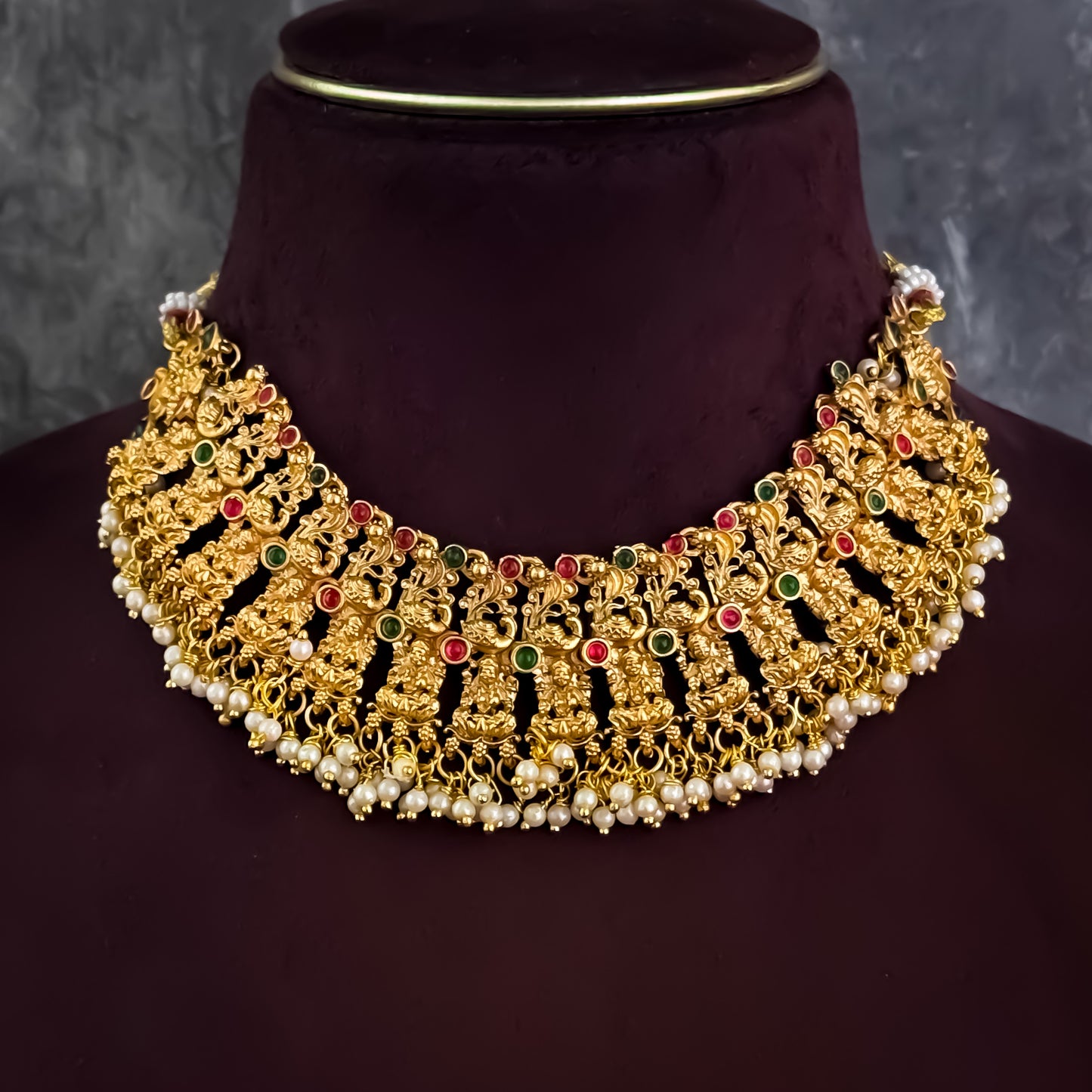 Divina Lakshmi Intricate Work Temple Necklace Set - Golden