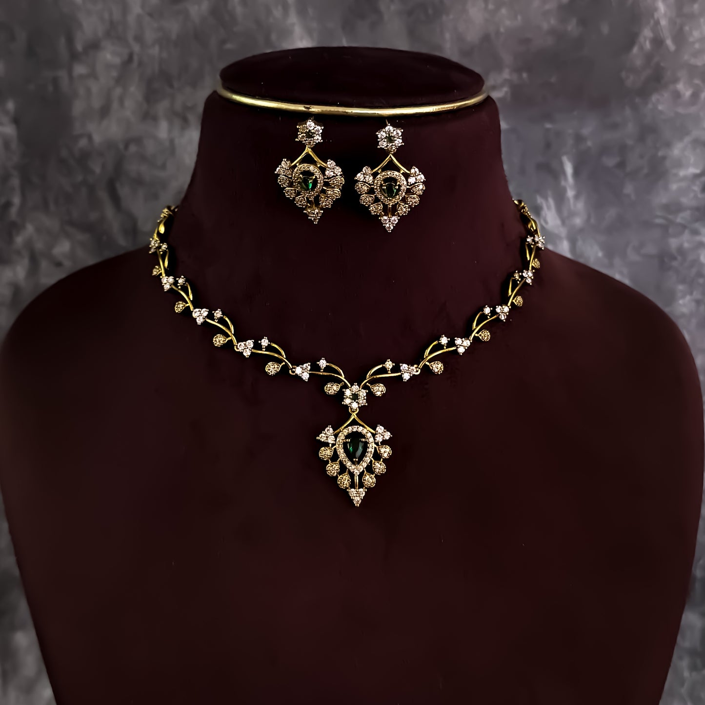 Radhika Miniaml AD Necklace Set - Golden & Green