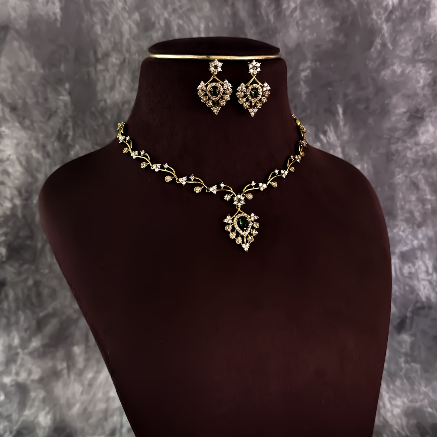 Radhika Miniaml AD Necklace Set - Golden & Green