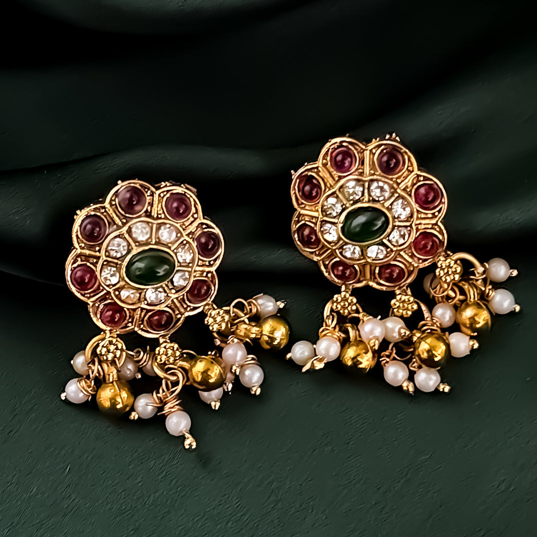 Nidha Temple Necklace Set - Pink & Green