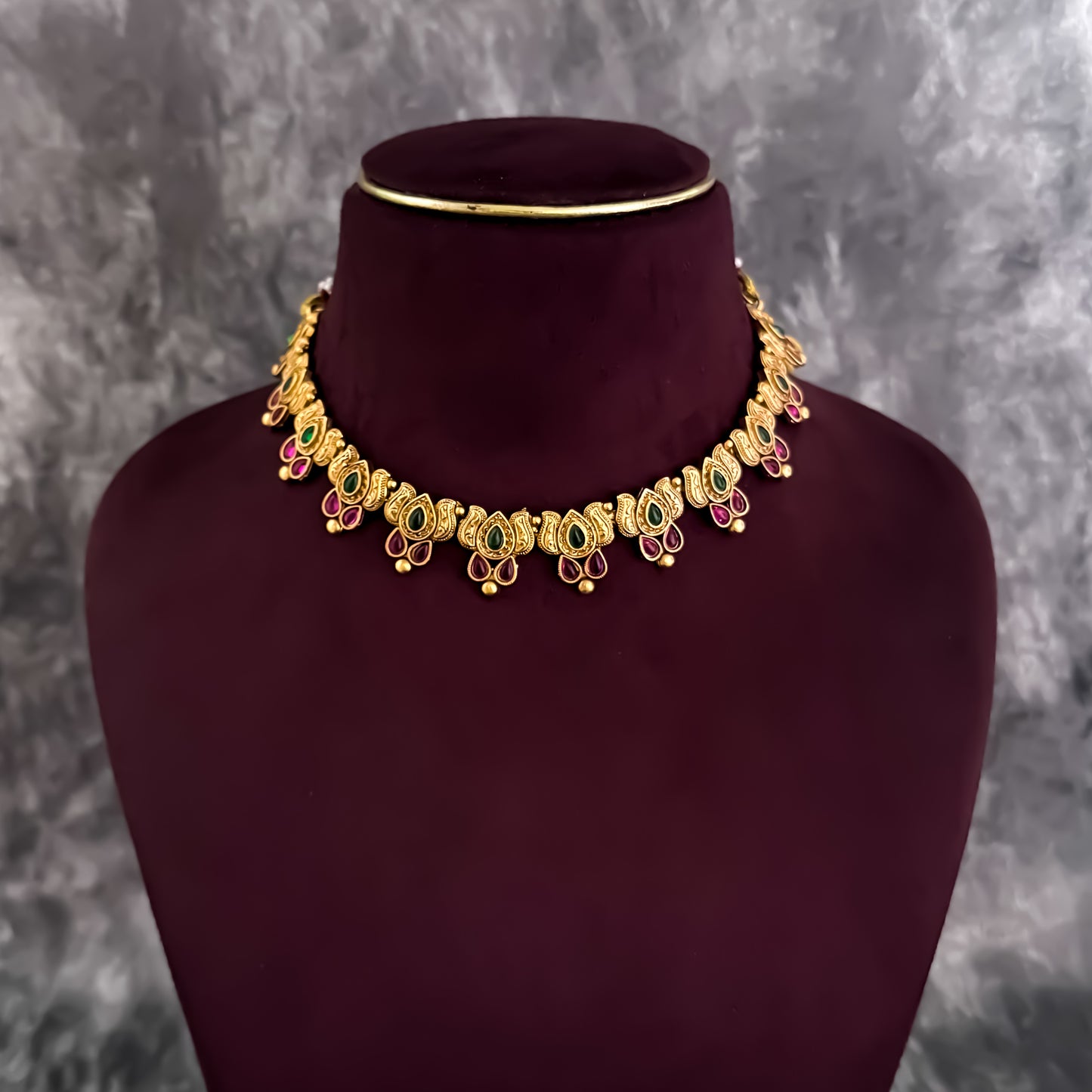 Neelima Antique Lotus Temple Necklace Set - Green & Pink