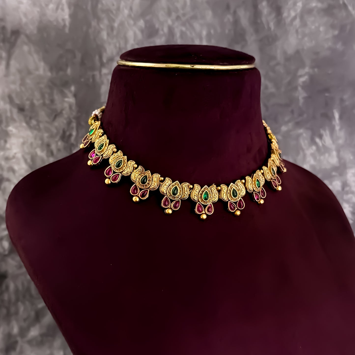 Neelima Antique Lotus Temple Necklace Set - Green & Pink